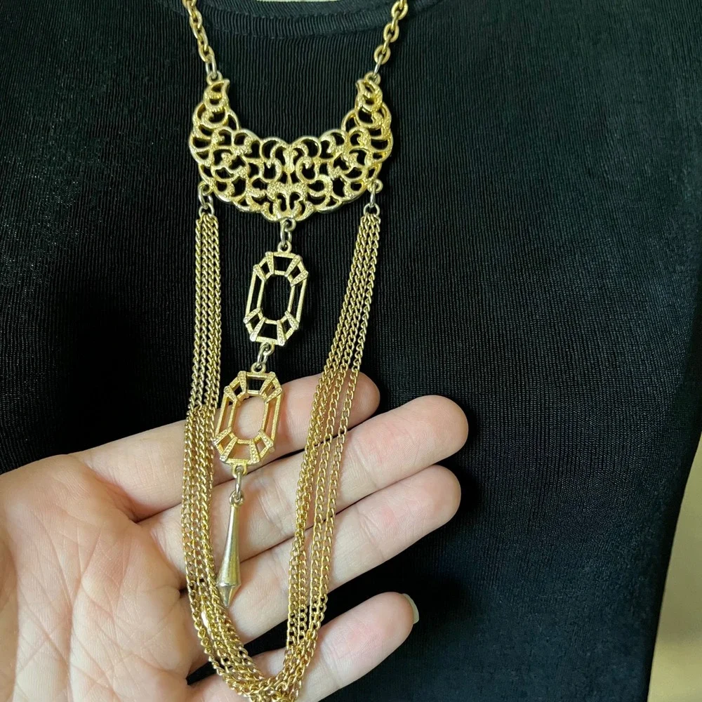 Vintage Gold Tone Filigree Fringe Statement Necklace Bib 1920s Style